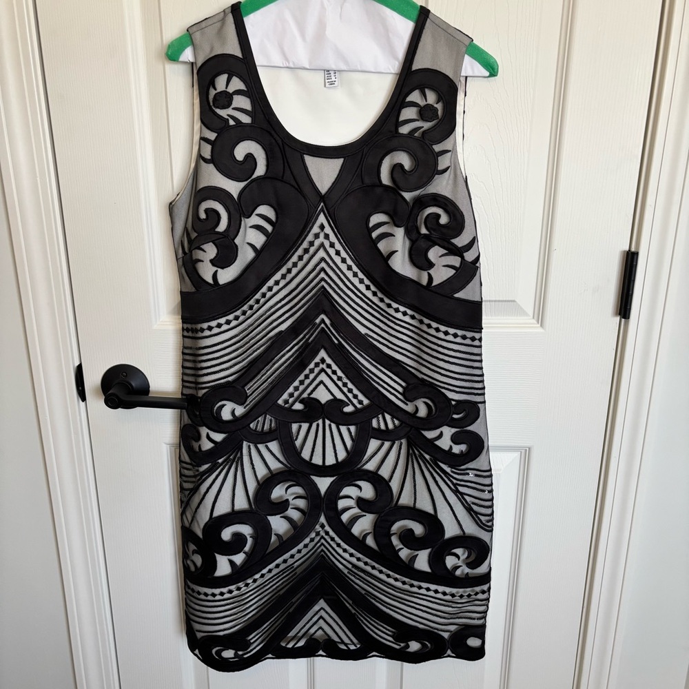 Badgley Mischka Black and White Sleeveless Embroidered Mini Dress